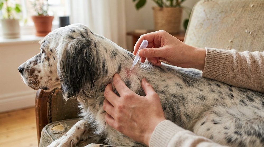 Proprietario che applica lo spot-on antiparassitario tra le scapole di un Setter inglese