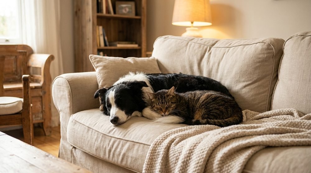 Border collie e gatto che riposano insieme sul divano in un ambiente domestico