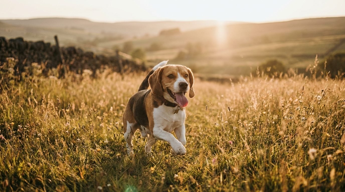 Beagle che corre in un prato estivo al tramonto, ora dei pappataci e delle zanzare