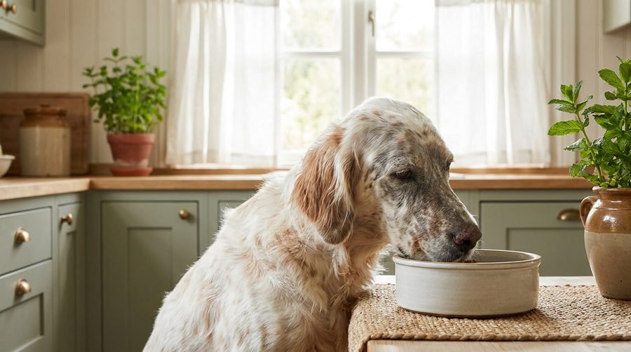 Cane anziano mangia sereno