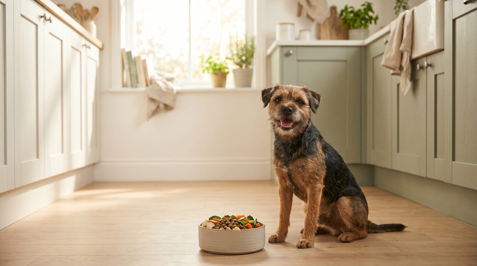 Cane sano mangia da una ciotola in cucina luminosa