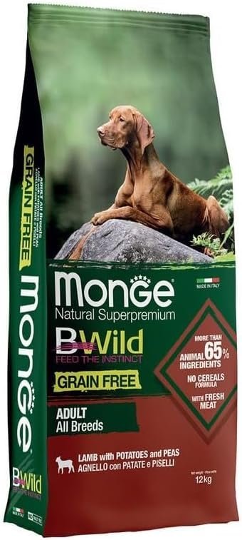 Monge Cane Crocchette Bwild Adult Agnello Patate e Piselli 12Kg Grain Free