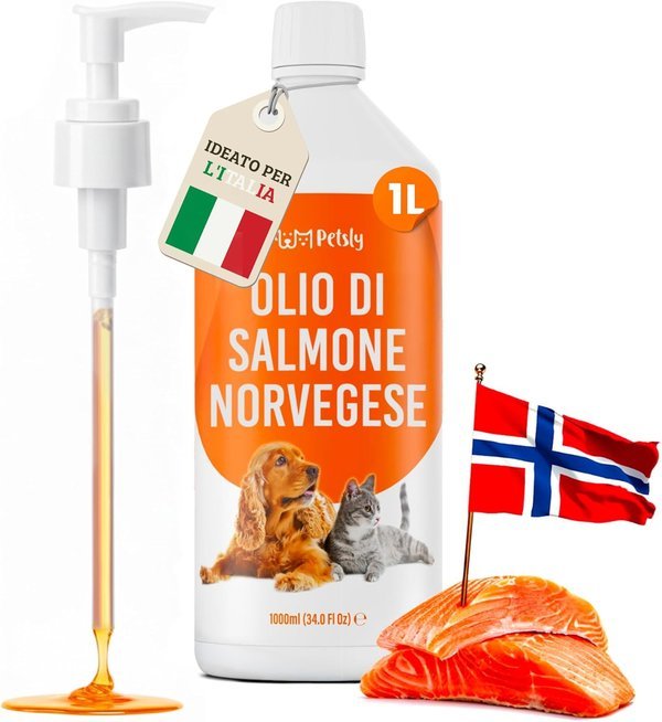 Petsly® Olio di Salmone per Cani e Gatti -1L- Ricco di Omega 3, 6 e 9 e Vitamina E, 100% Naturale dalla Norvegia - Pelo 
