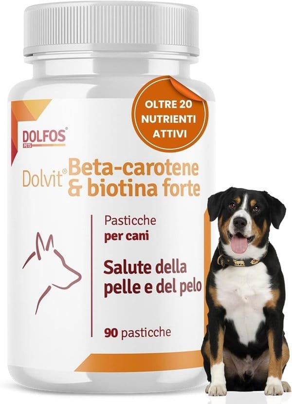 Dolvit Beta Carotene & Biotin Forte 90 CPR, Integratore Pelo Cane e Vista, Antiprurito per Cani e Supporto per Dermatite