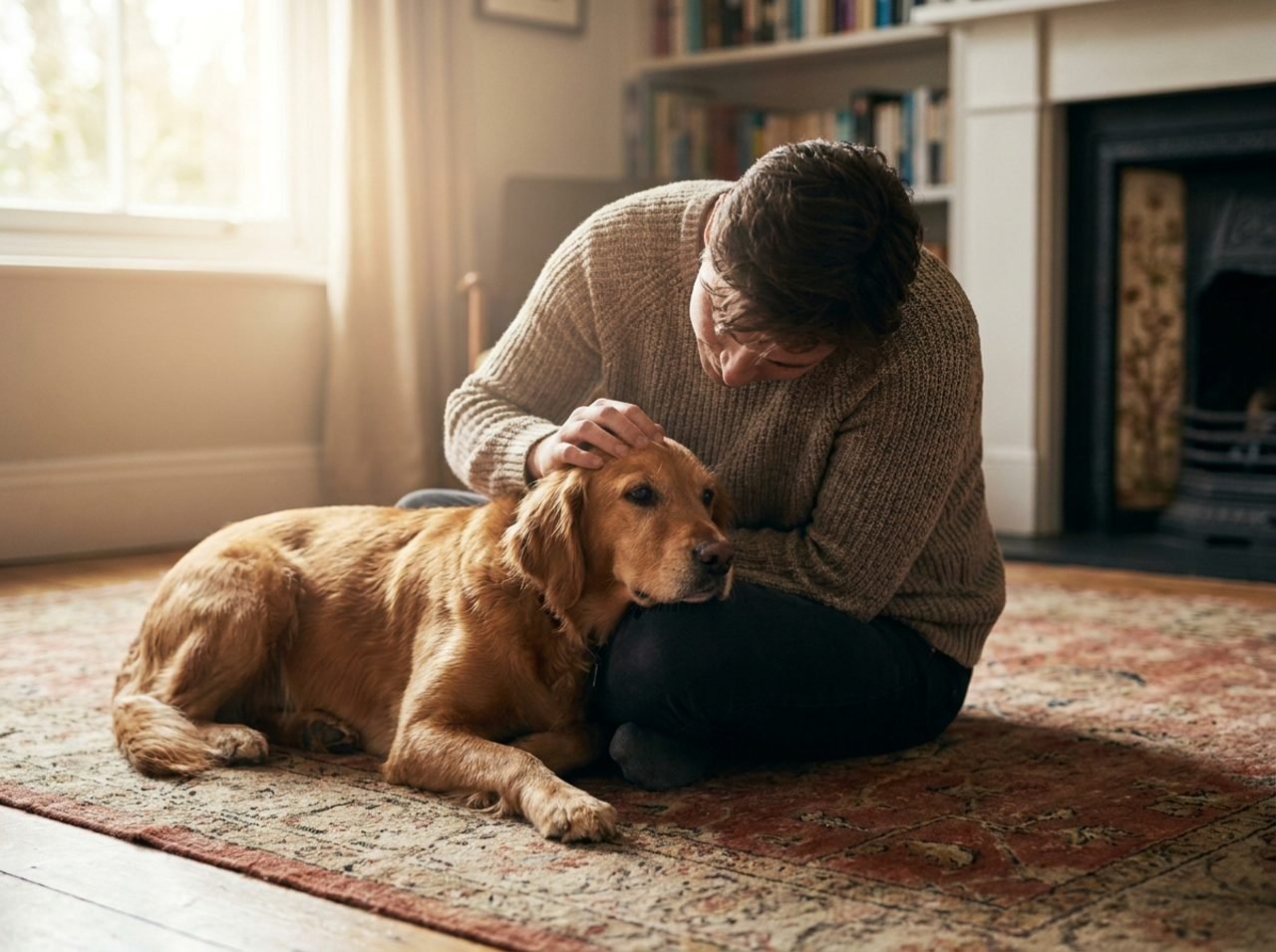Padrone che rassicura con dolcezza il cane