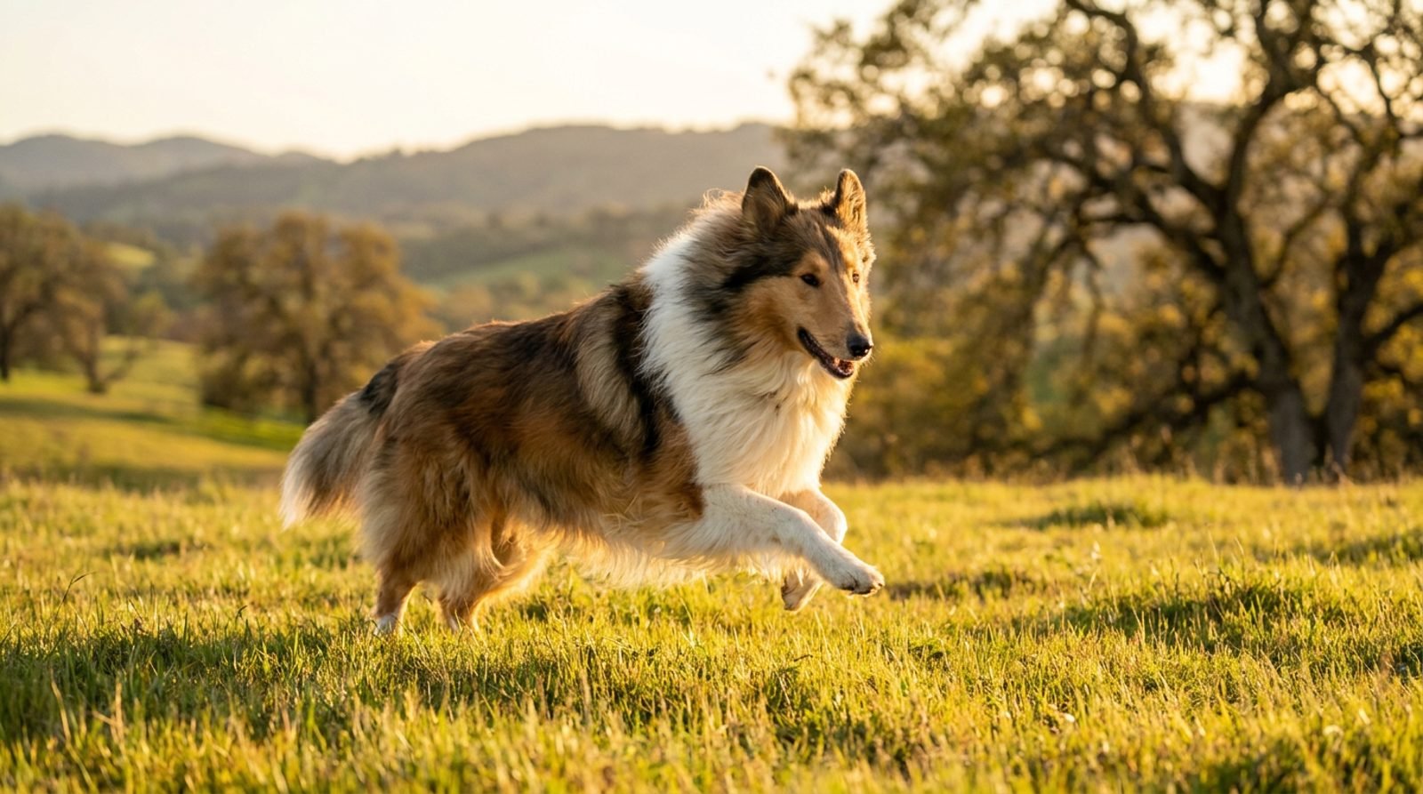 Rough Collie attivo che corre in un prato