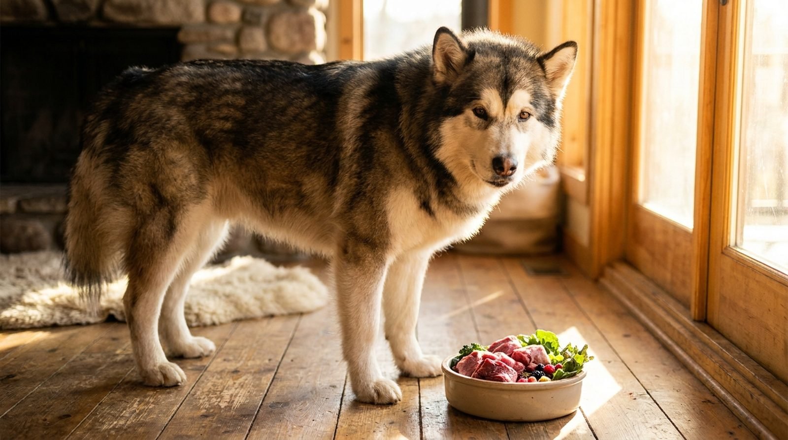 Alaskan Malamute accanto a una ciotola di cibo crudo