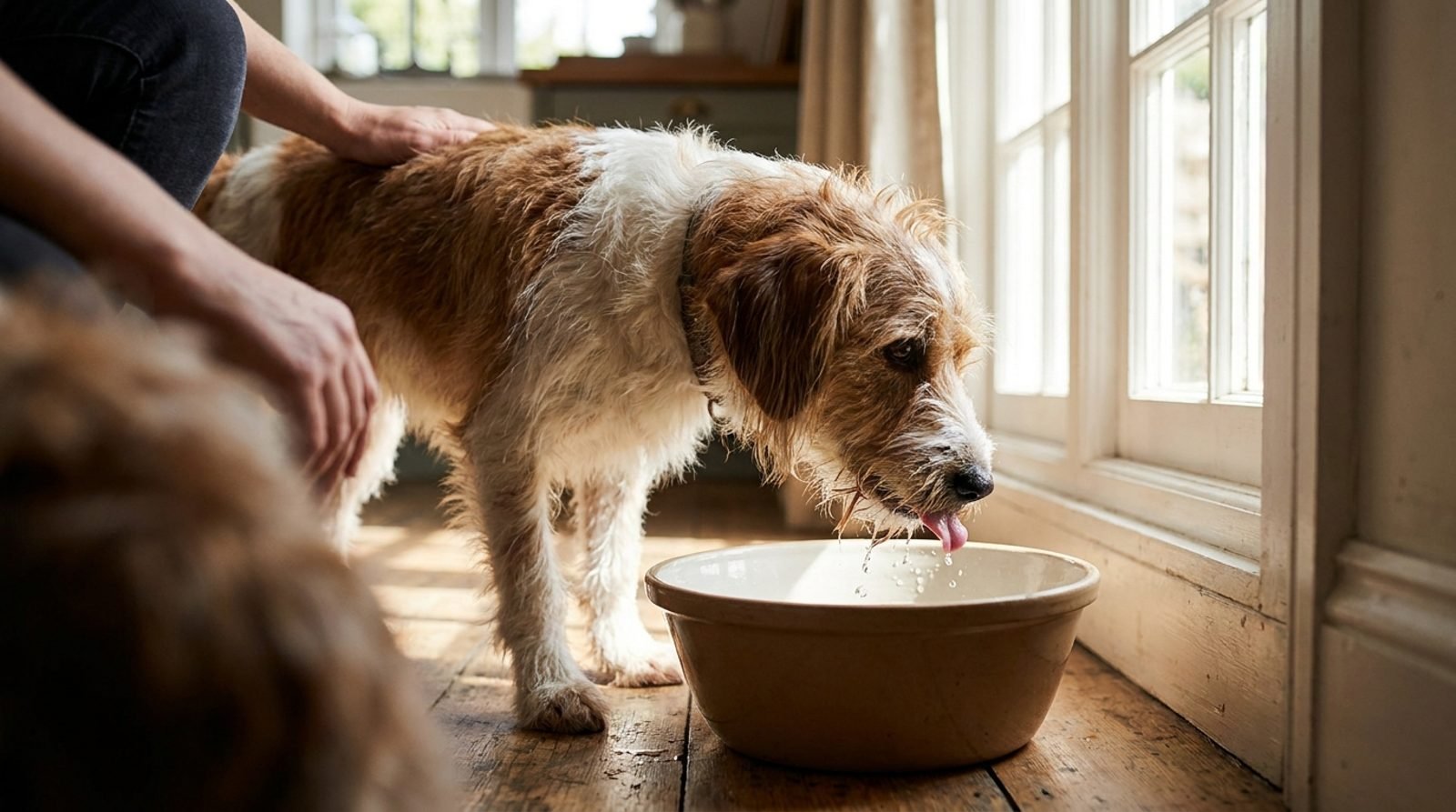 Cane meticcio che beve molta acqua dalla ciotola