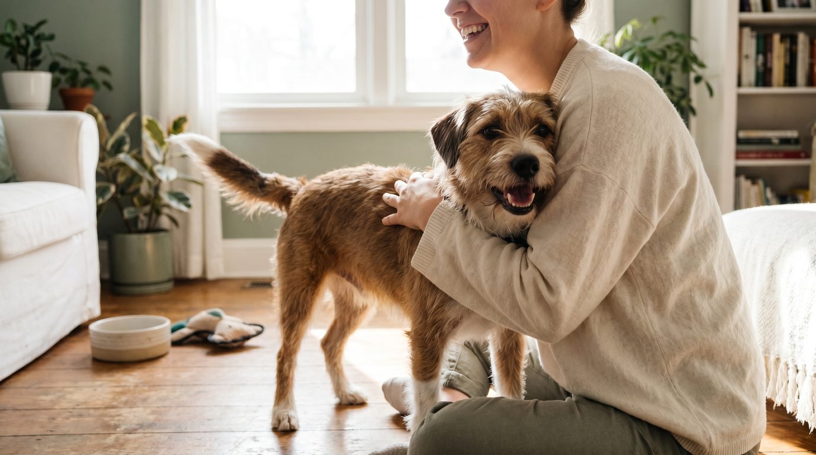 Pet parent che coccola il proprio cane in casa