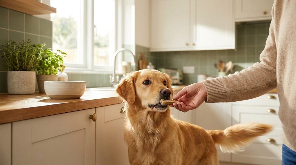 Cane che riceve uno snack sicuro dalla mano