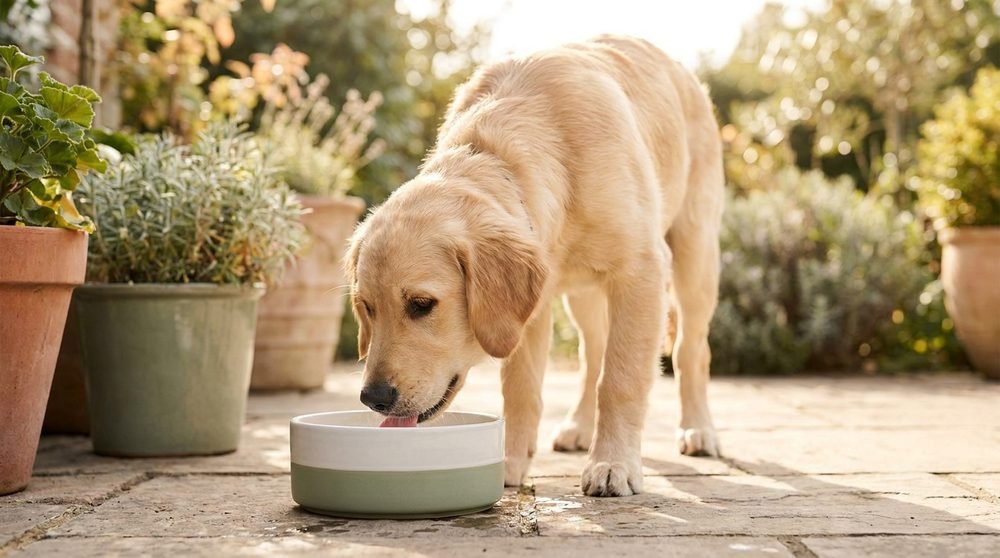 Cane che beve acqua fresca per restare idratato