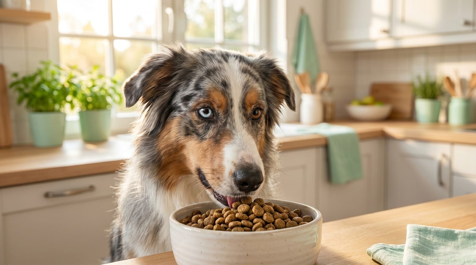 Australian Shepherd che mangia crocchette premium dalla ciotola