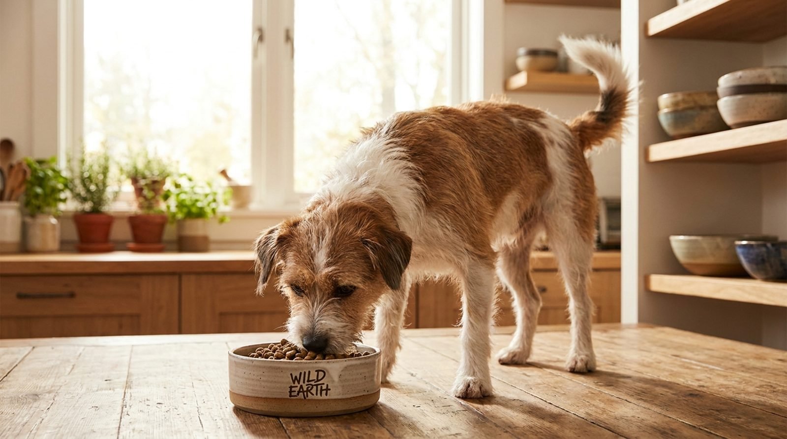Cane meticcio che mangia crocchette in cucina