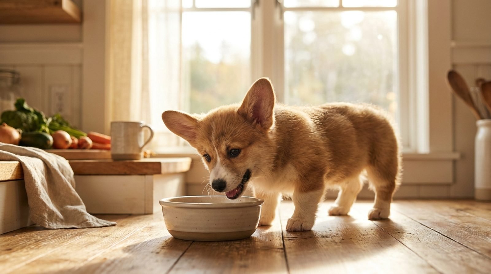 Cucciolo di Corgi che mangia dalla ciotola