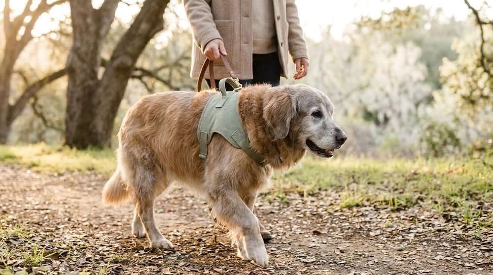 Cane anziano a passeggio lento al tramonto