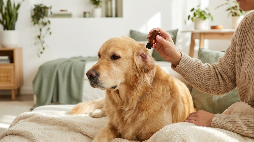 Applicazione del detergente auricolare nell'orecchio del cane