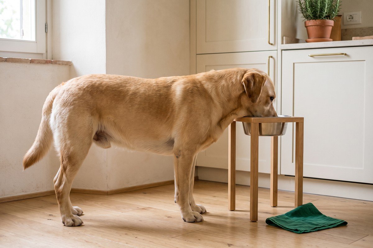 Labrador che mangia da una ciotola rialzata all'altezza della spalla, senza piegare il collo