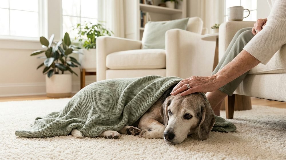 Beagle anziano accarezzato dal proprietario
