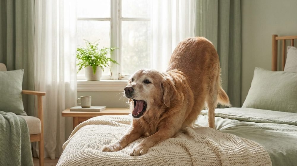 Cane anziano che si sveglia lentamente vicino alla finestra