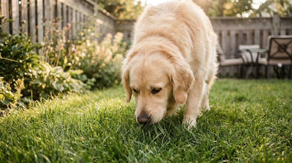 Cane che annusa e mangia erba fresca in giardino