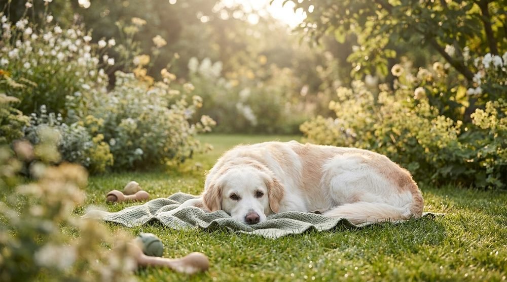 Cane sano e rilassato sull'erba dopo il gioco