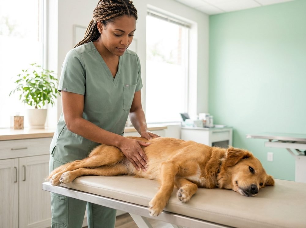 Veterinario esamina l'addome del cane