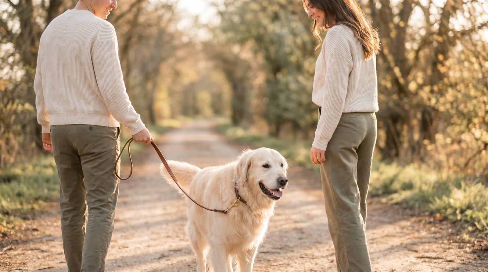 Pet parent felice a passeggio con il cane