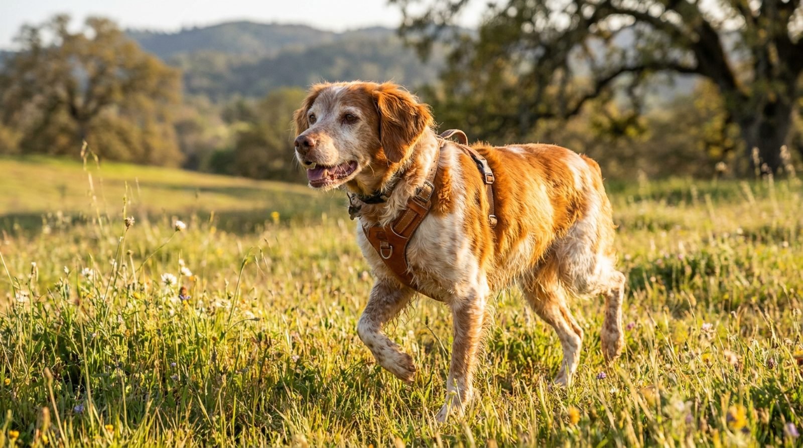 Brittany Spaniel anziano in salute a passeggio