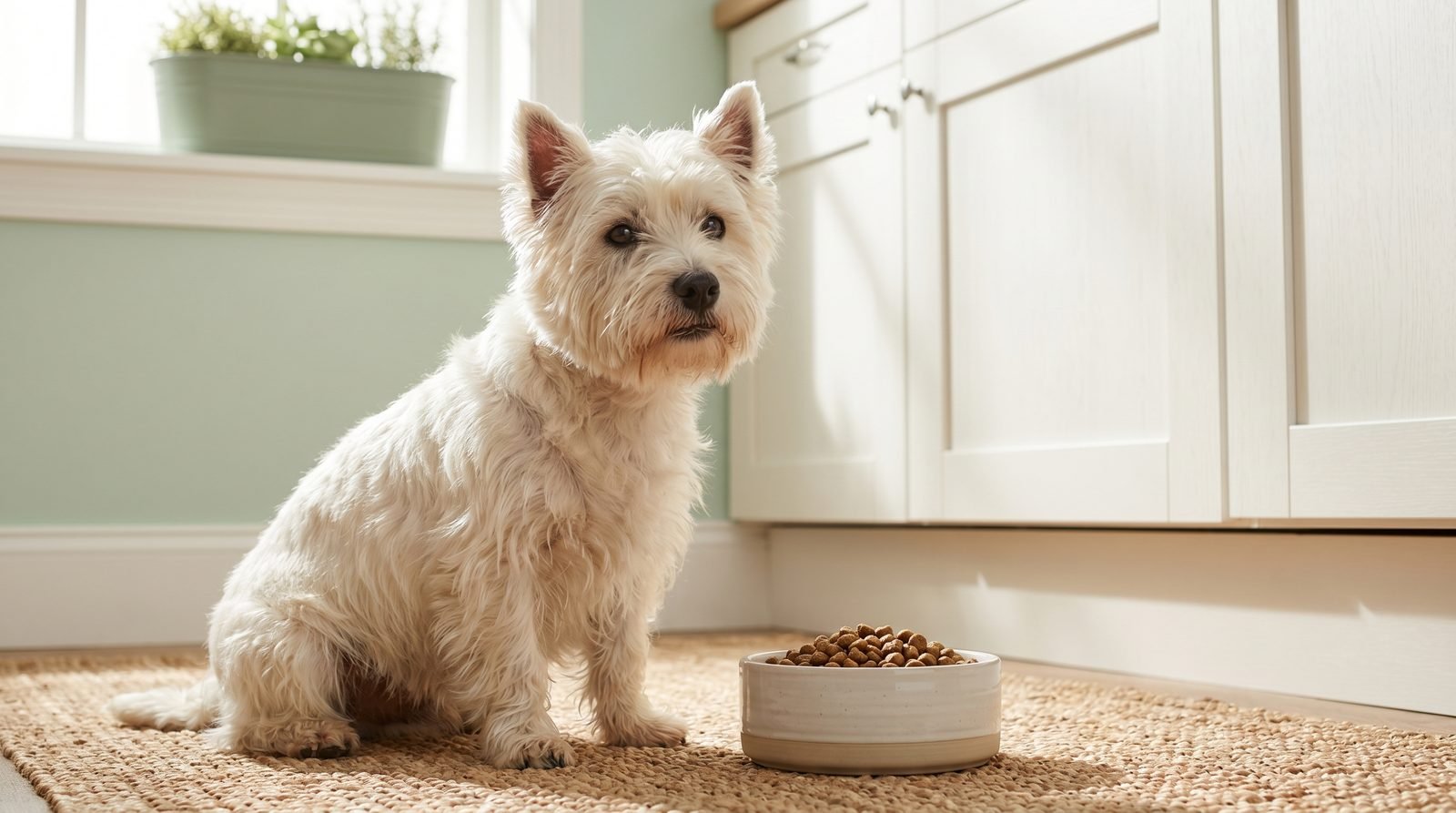 West Highland White Terrier vicino alla ciotola
