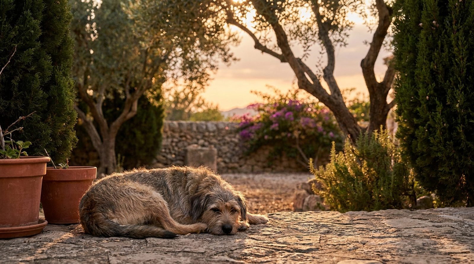 Cane in giardino mediterraneo al tramonto