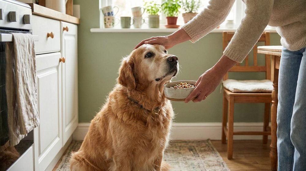 Cane anziano incoraggiato a mangiare a mano