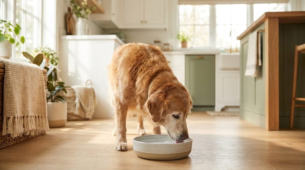 Cane anziano che beve acqua dalla ciotola