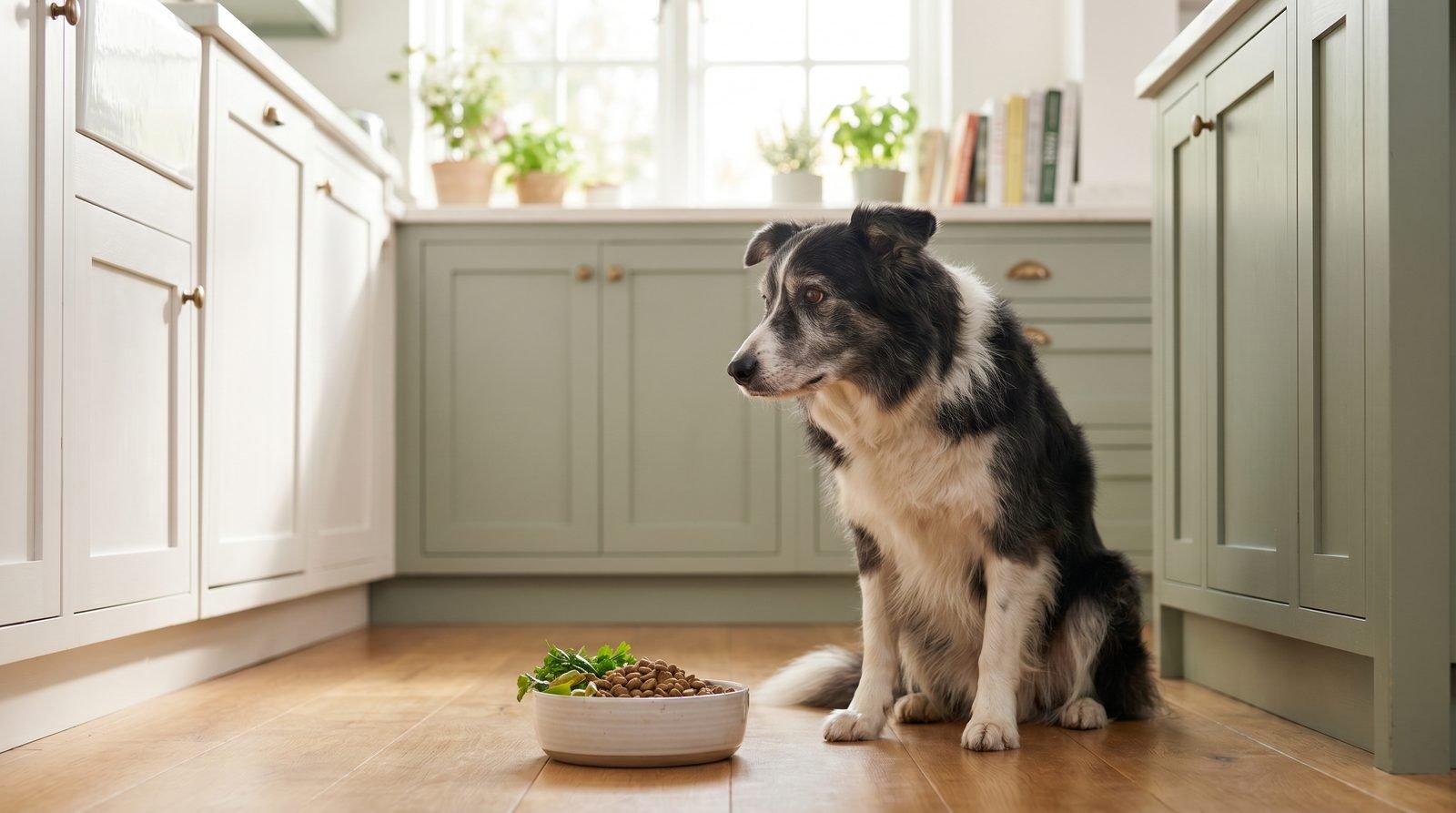 Border Collie anziano che guarda la ciotola piena senza interesse