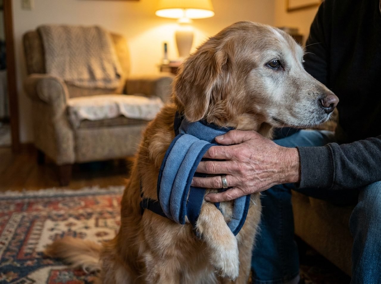 Mani che sostengono un cane anziano con imbracatura