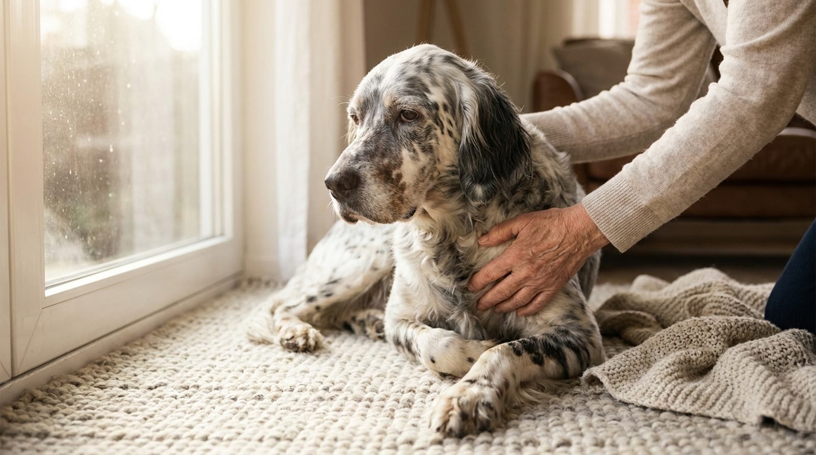 Cane anziano Setter Inglese aiutato ad alzarsi