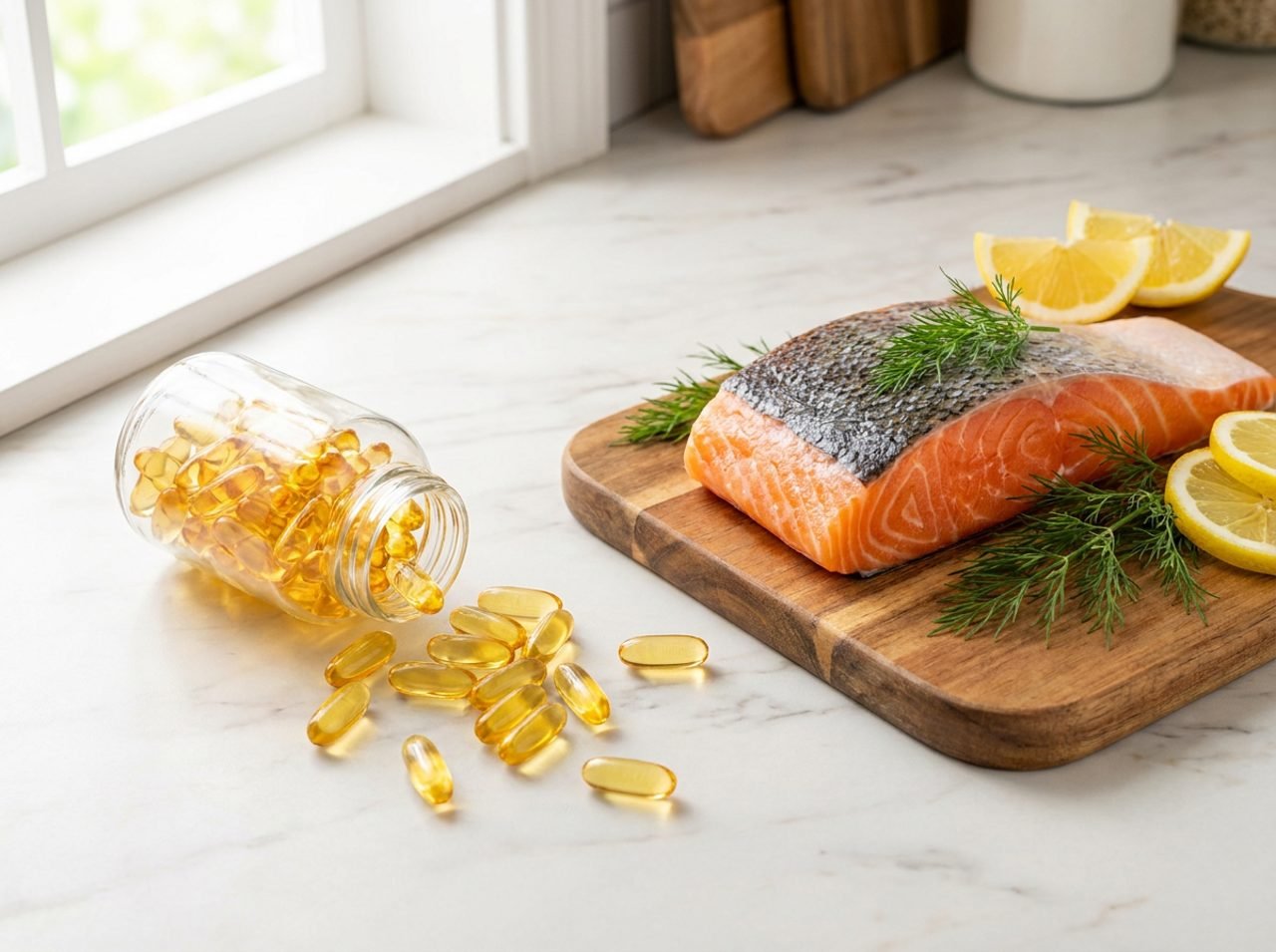 Capsule di olio di pesce omega-3 e salmone fresco