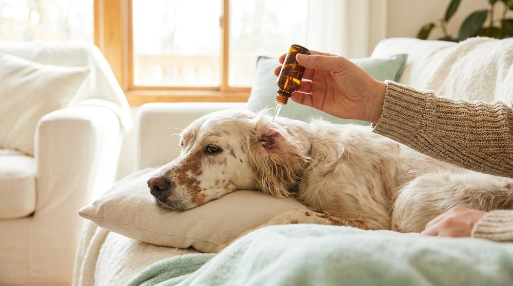 Pulizia di routine dell'orecchio di un cane con detergente auricolare