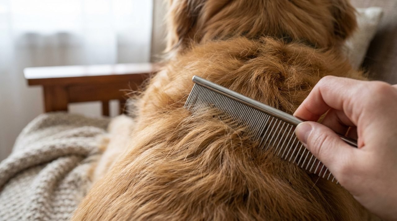 Pettine antipulci sul pelo del cane