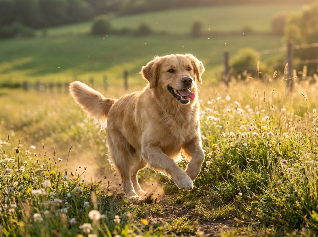Cane adulto sano che corre felice nel prato