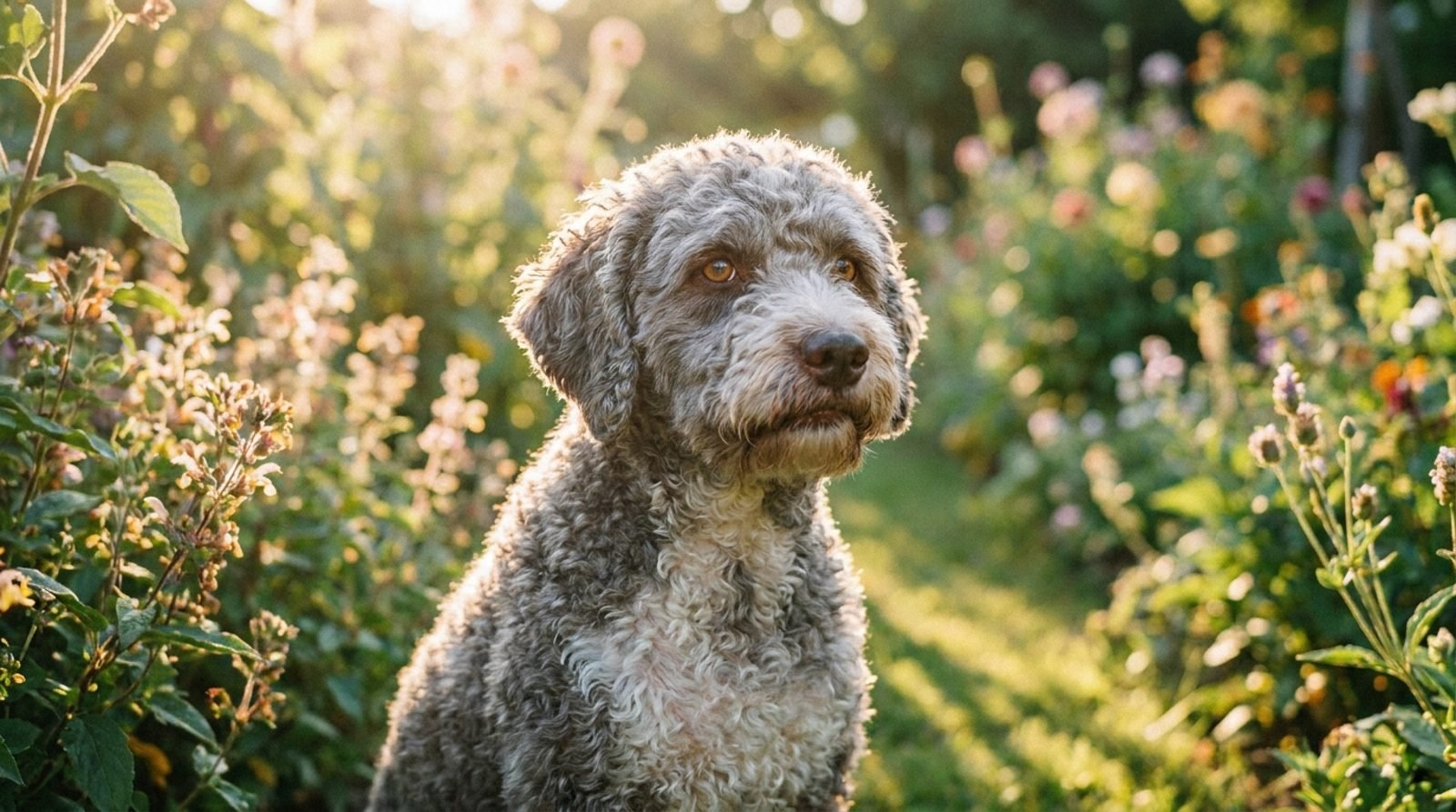 Cane anziano sereno seduto in giardino