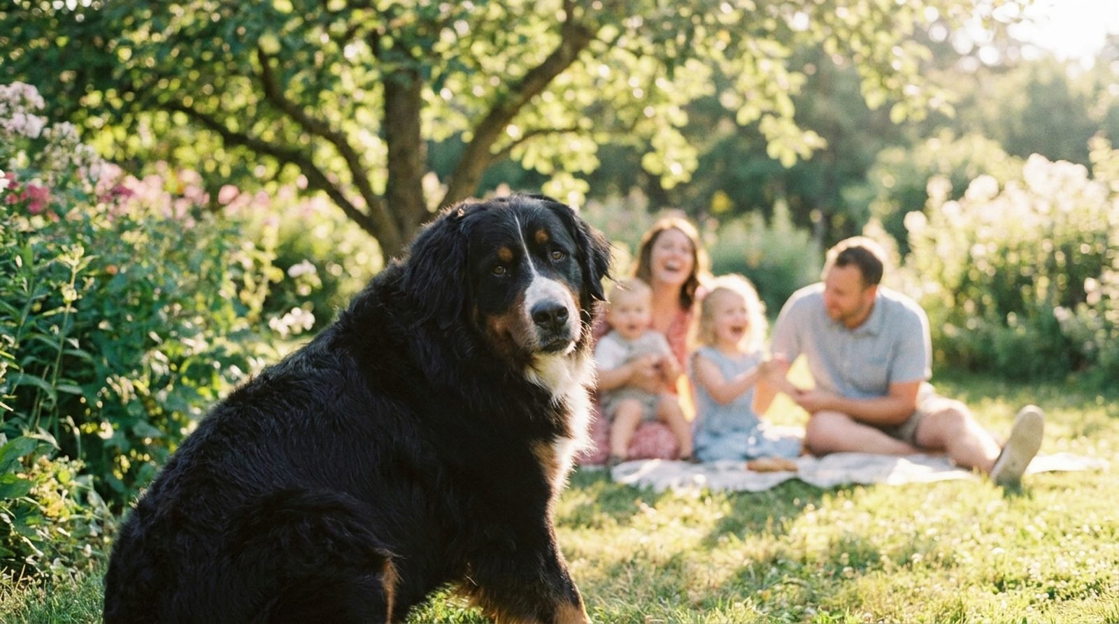 Bovaro del Bernese con una famiglia in giardino