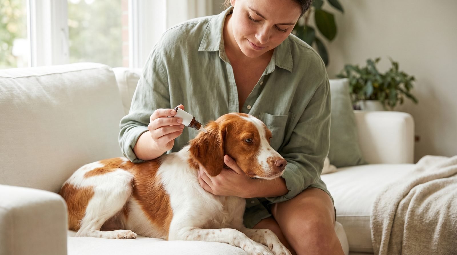Persona osserva e accarezza il proprio cane in casa