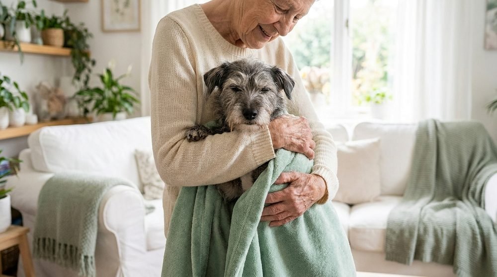 Cane anziano confortato tra le braccia
