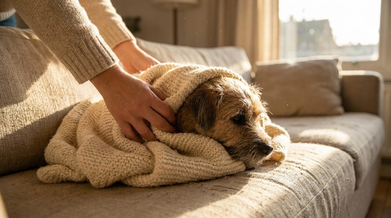 Mani che avvolgono un cane in una coperta