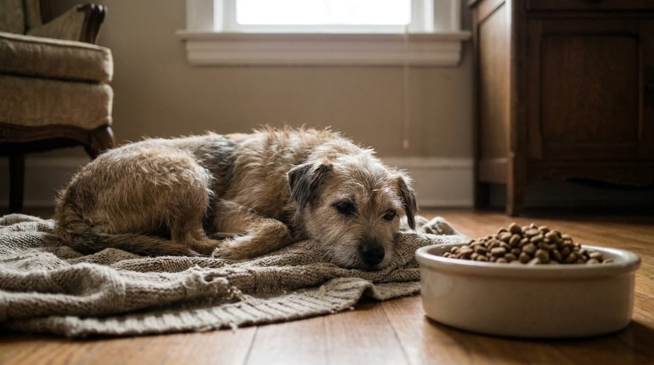 Cane abbattuto vicino alla ciotola intatta