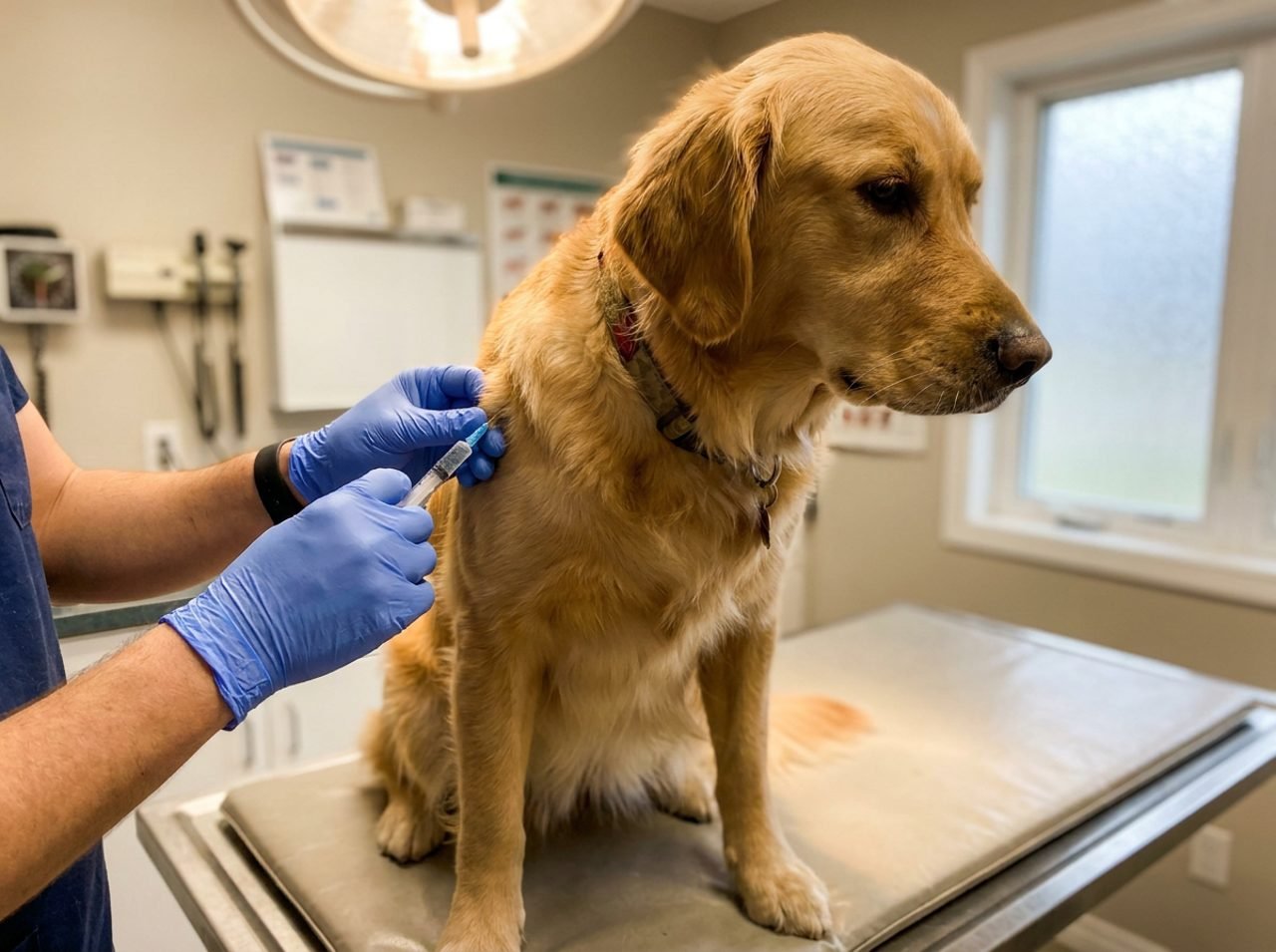 Mani del veterinario con siringa del vaccino