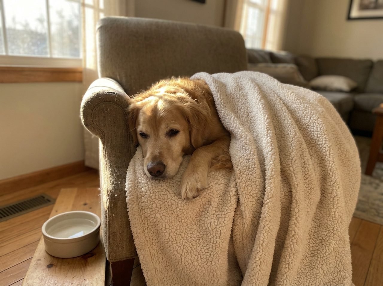 Cane che riposa su una coperta in convalescenza