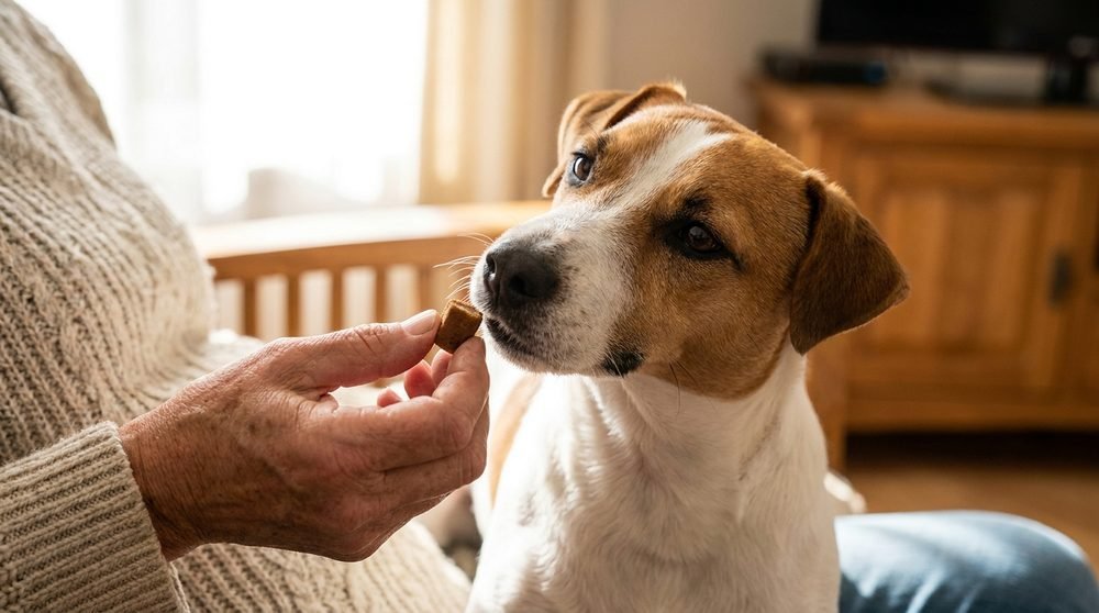 Mano che offre un bocconcino calmante a un Jack Russell tranquillo in casa