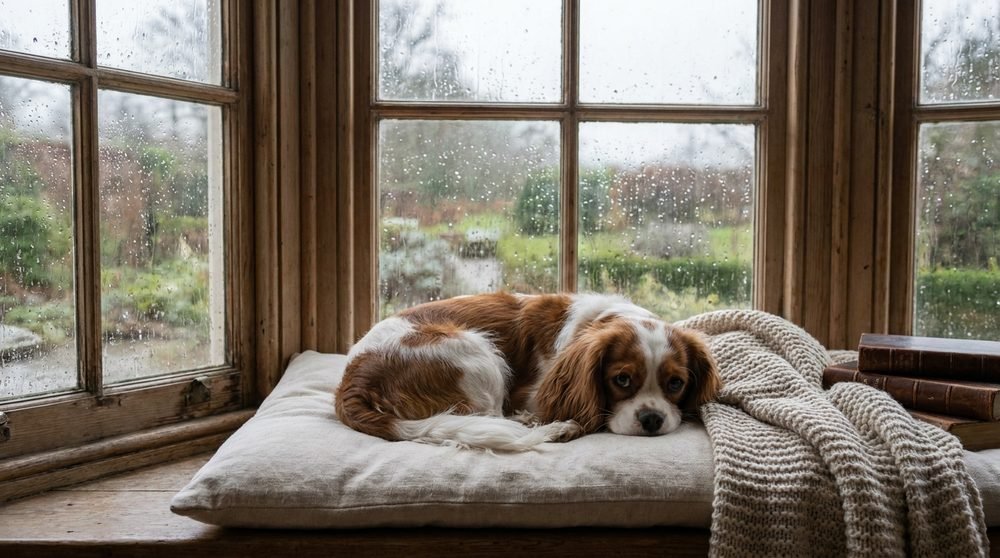 Cavalier King Charles Spaniel sereno disteso vicino alla finestra mentre fuori piove