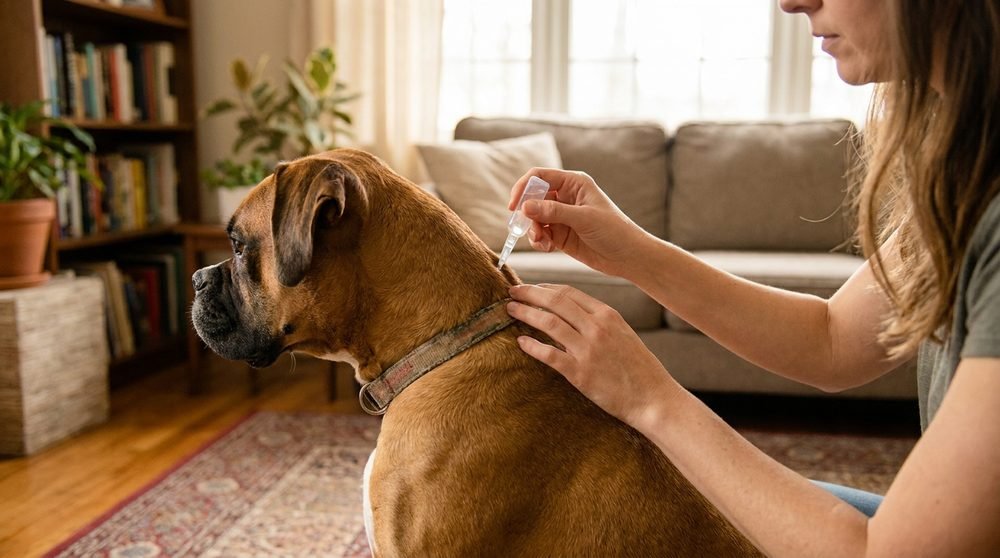 Applicazione di una pipetta spot-on come Advantix o Frontline Tri-Act tra le scapole di un Boxer